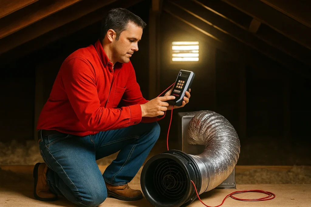 An HVAC technician using duct testing equipment