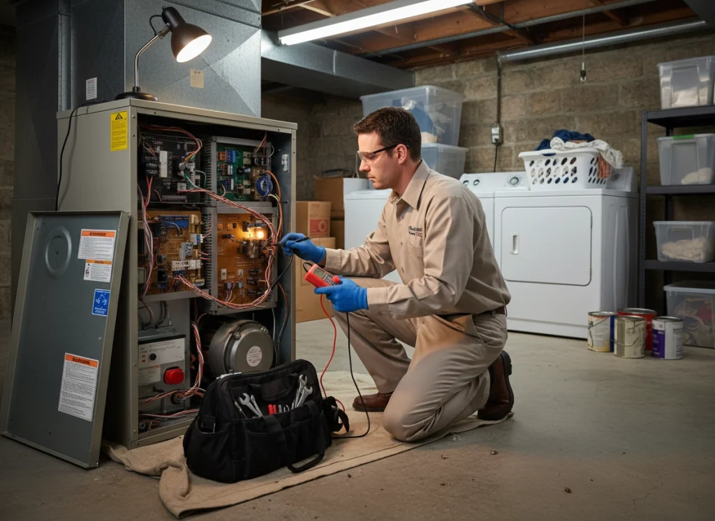 Technician using multimeter to diagnose gas furnace issue in winter basement setting