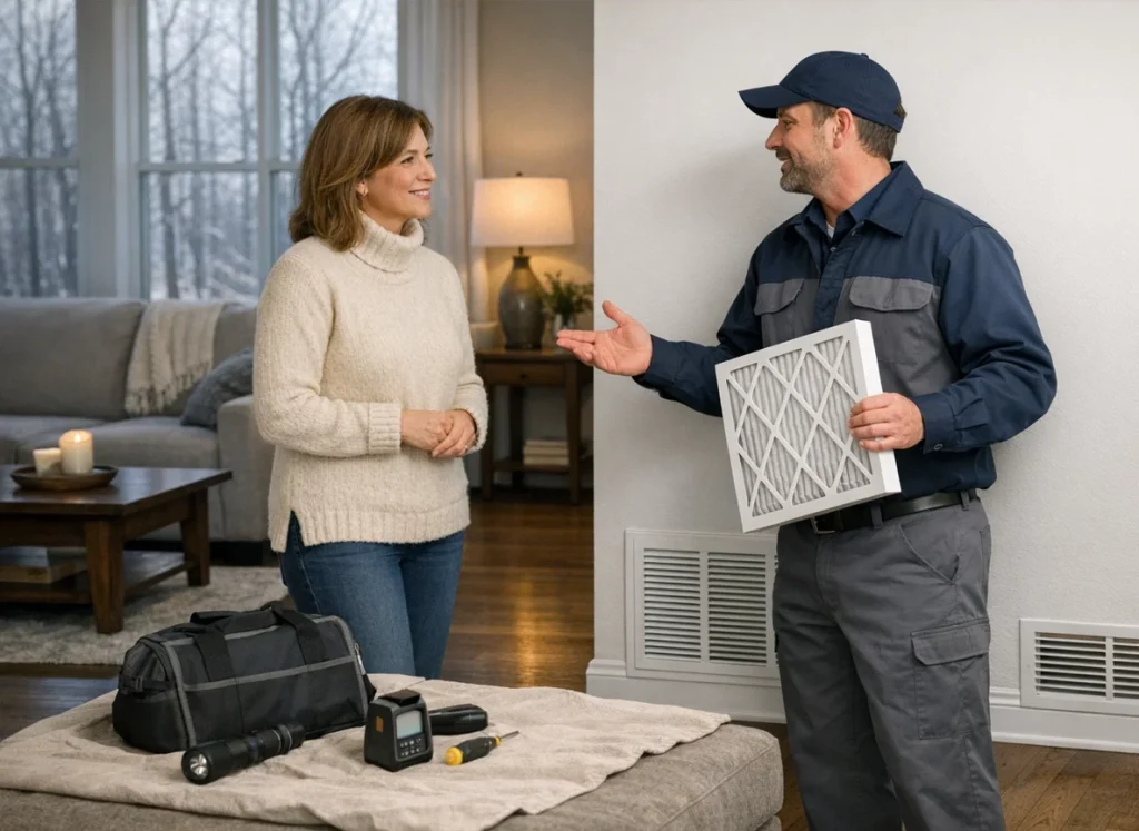 Homeowner and technician improving winter indoor air quality with filtration and humidity control in Virginia