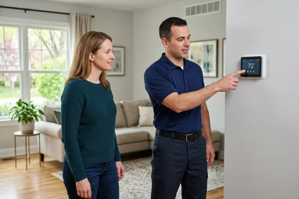Homeowner reviewing smart thermostat upgrade with HVAC technician