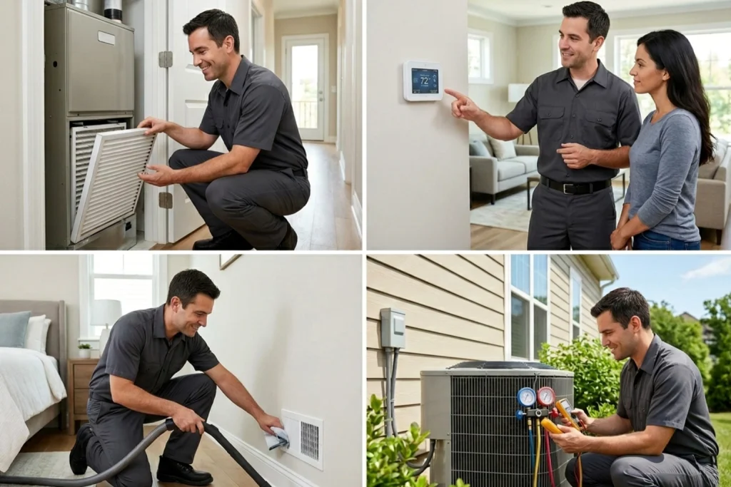 Four-panel HVAC checklist showing filter replacement, thermostat scheduling, vent cleaning, and AC performance testing.