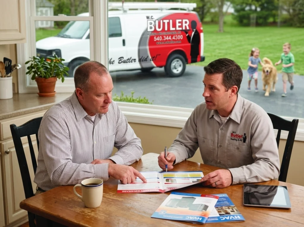 A homeowner and an HVAC technician discussing warranties at the kitchen table.