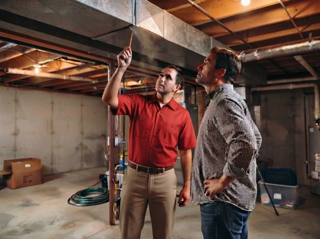 Roanoke technician diagnosing weak airflow and basement air leaks
